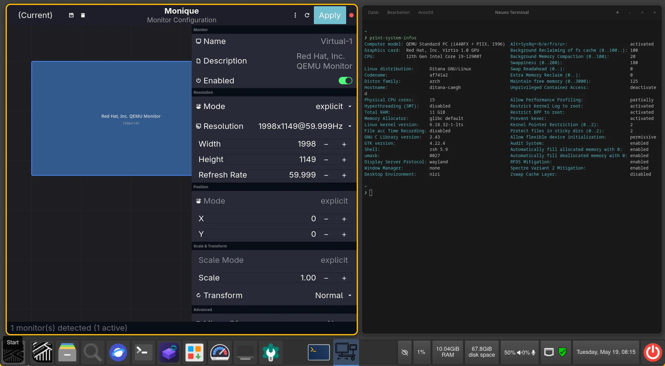 Niri on Ditana with Blue Vibrant theme, Brave, COSMIC Files