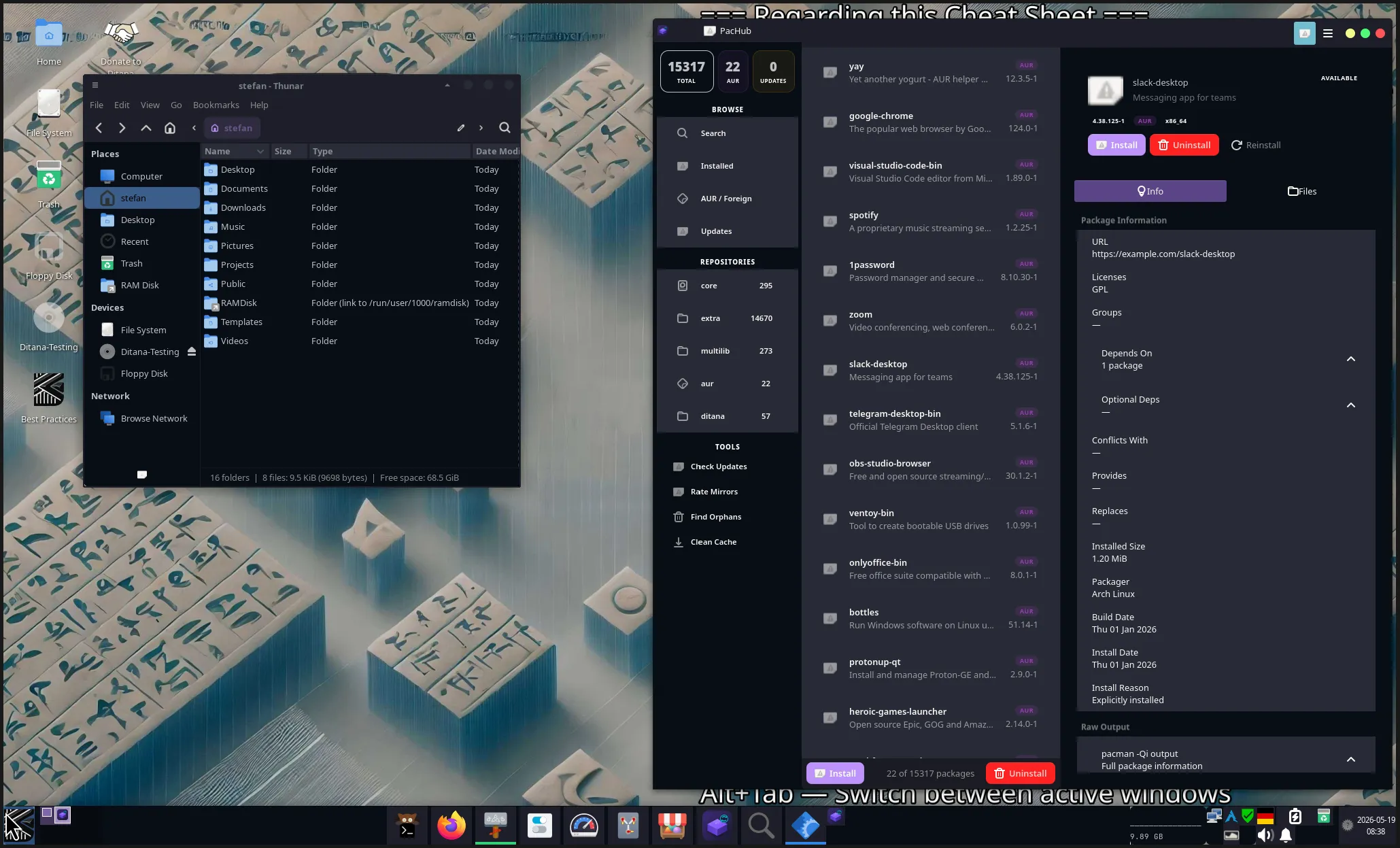 XFCE on Ditana with Blue Flat theme, Firefox, Thunar