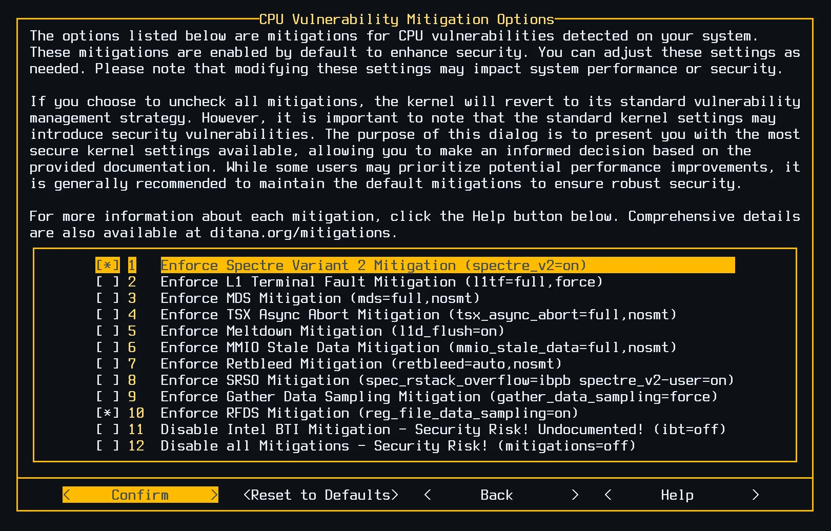 CPU vulnerability mitigation dialog showing detected vulnerabilities and selectable mitigations
