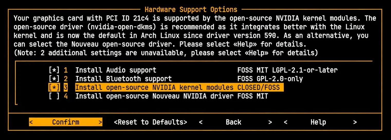 NVIDIA driver decision dialog with detected PCI ID and recommendation rationale