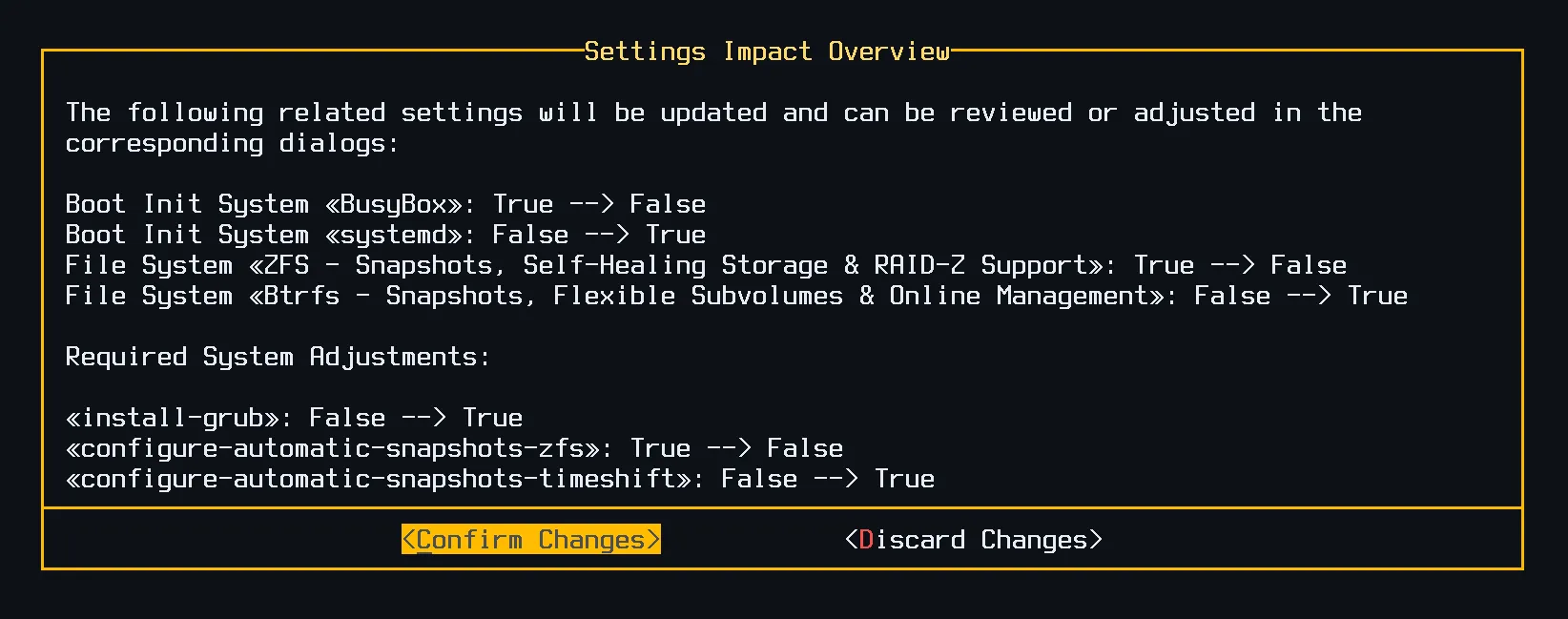 Settings impact overview showing dependent changes