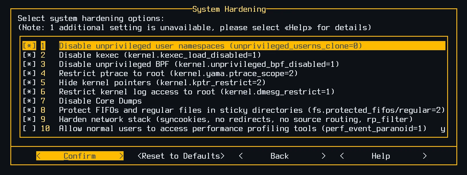 System hardening options dialog