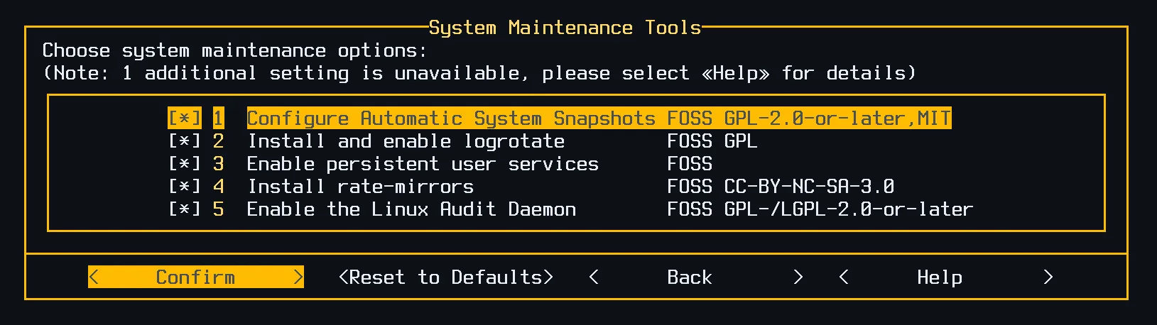 System maintenance dialog showing automatic system snapshots option enabled by default