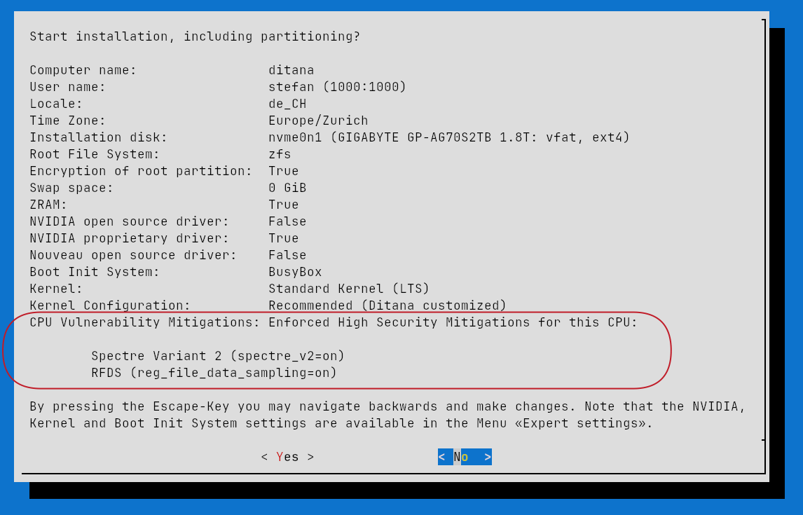 Example of installation summary dialogue